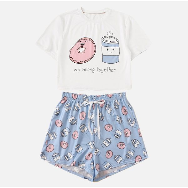 

summer pajama women's set sweet short sleeve t shirt with elastic waist shorts home clothes for women 2020 casual female pajamas, Black;white