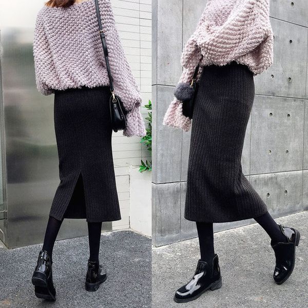 

60 70cm elastic band women skirts autumn winter warm knitted straight skirt ribbed mid long skirt black
