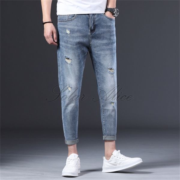 

2020 men's new four seasons ankle-length small feet jeans pencil casual pants, Blue