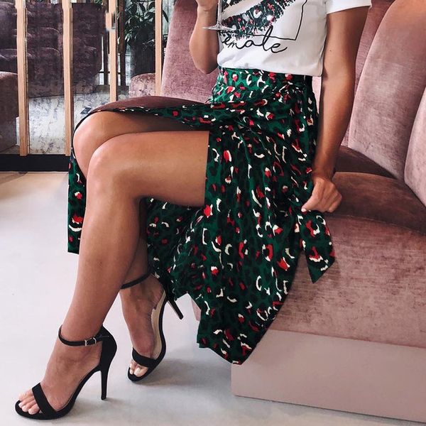 

vintage leopard print long skirts women high waist midi skirt tie 2020 summer split wrap skirt ladies green beach, Black