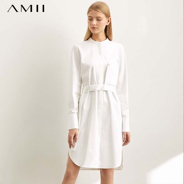 

amii autumn women cotton shirt dress female casual solid high waist o-neck belt slit dresses 11930246, Black;gray