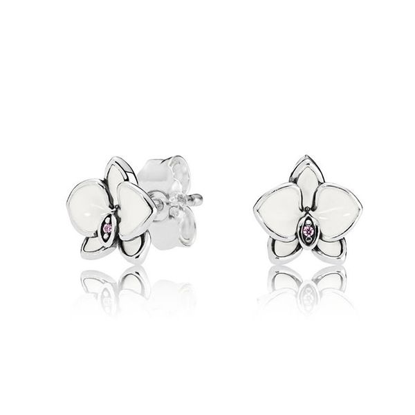

white magnolia stud earring women summer jewelry for pandora 925 sterling silver flower earrings set with original box set, Golden;silver