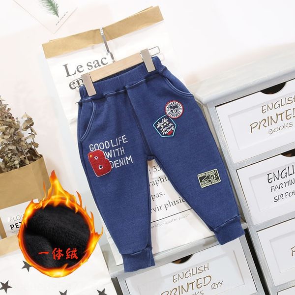 

ndfnm personalized bear letter printed children's casual pants 2020 winter plus velvet casual pants and jeans thickened boys' jean, Blue