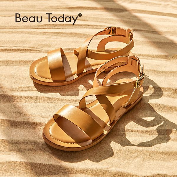 

beautoday women flat sandals genuine leather calfskin cross-strap rome style summer ladies shoes 32070, Black