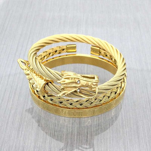 

3pcs/set men roman numerals bracelet twisted cable bracelet stainless steel dragon for men punk jewelry, Black