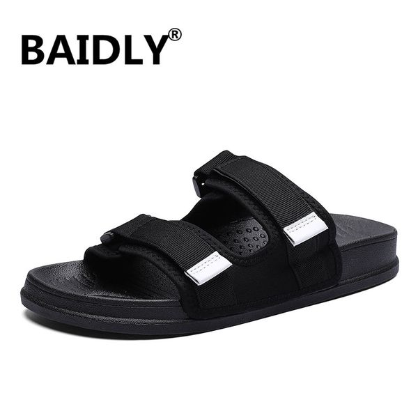 

sandals summer men hook&loop canvas massage outdoor pool bathroom slides male beach slippers, Black