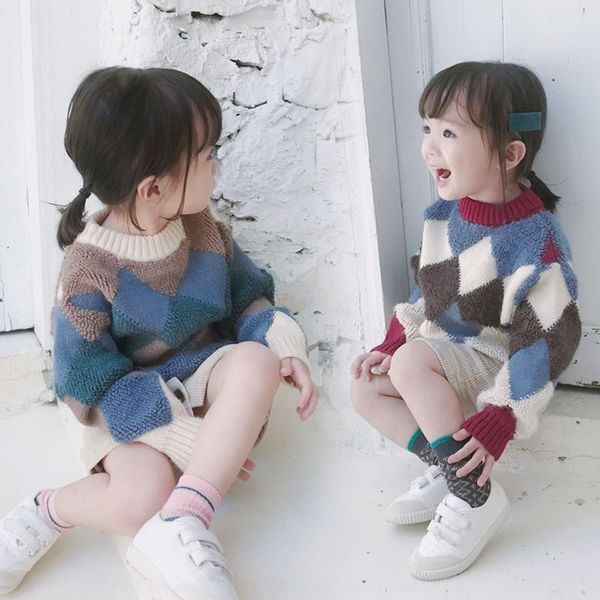 

girl's children's clothing diamond diamond round neck sweater sweater 20 new children's clothing 3-8 years old, Blue