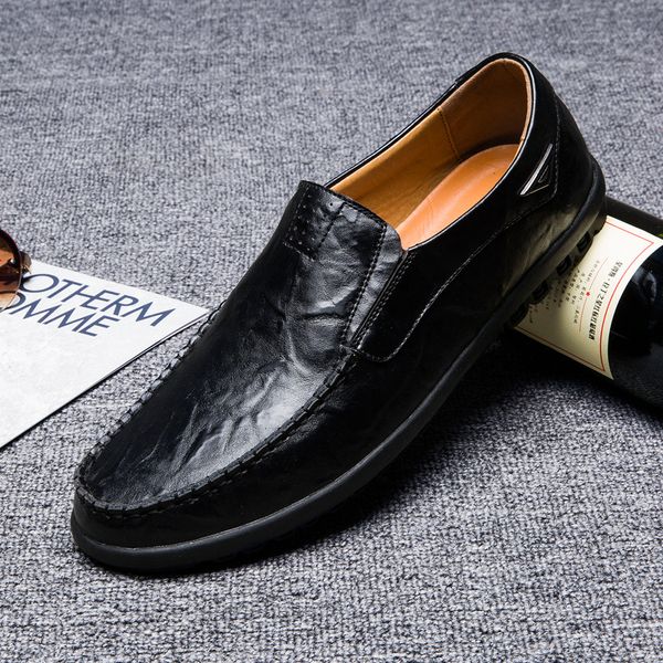 

2020 italian men dress shoes metal buckle genuine leather men casual shoes flats slip on loafers driving boat moccasins, Black