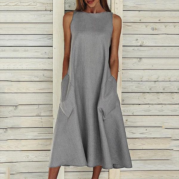 

summer sleeveless gray dress women beach dress casual pocket loose female plus size fashion clothing ropa mujer, Black;gray