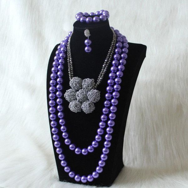 

4ujewelry purple pearl jewellery set for african women 3 layers necklace set with silver beaded balls flower 2020 design t200507, Slivery;golden