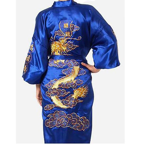 

2020 new chinese men's satin silk robe embroidery kimono bath gown dragon pattern bathrobes home nightwear, Black;brown
