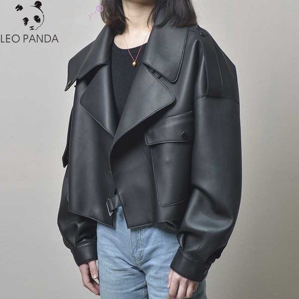 

women's leather & faux black short loose pu jacket 2021 autumn winter soft street casual outwear ladies biker