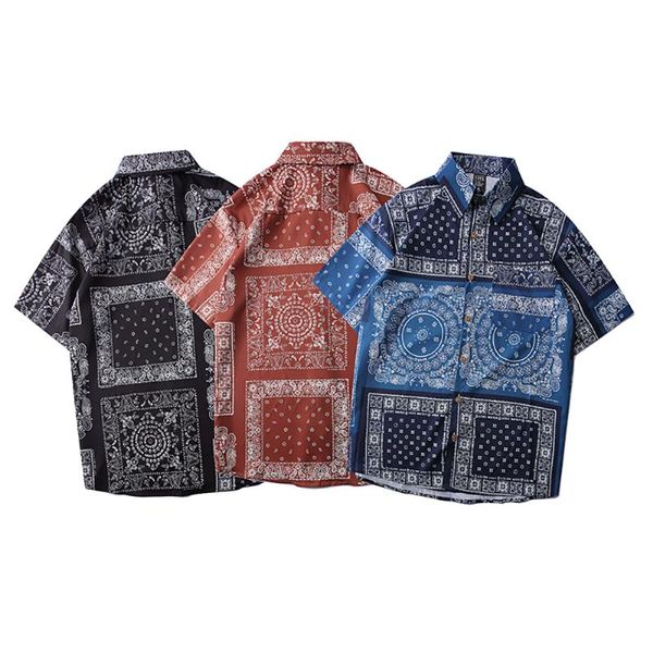 

men's casual shirts men shirt paisley bandana check printed man short sleeve hawaiian blusas feminina summer male clothes, White;black