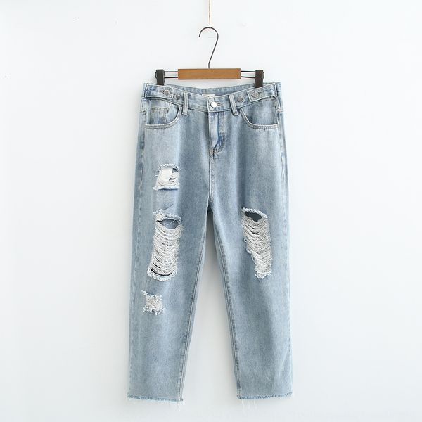 

large size women's spring fashionable hole and slimming jeans korean style street style personalized jeans dad pants 72007, Blue