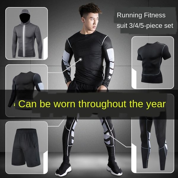 

in1wt suit men's new leisure exercise fitness exercise fitness basketball fitnesssports gym five-piece quick-drying clothes running spo, White;black