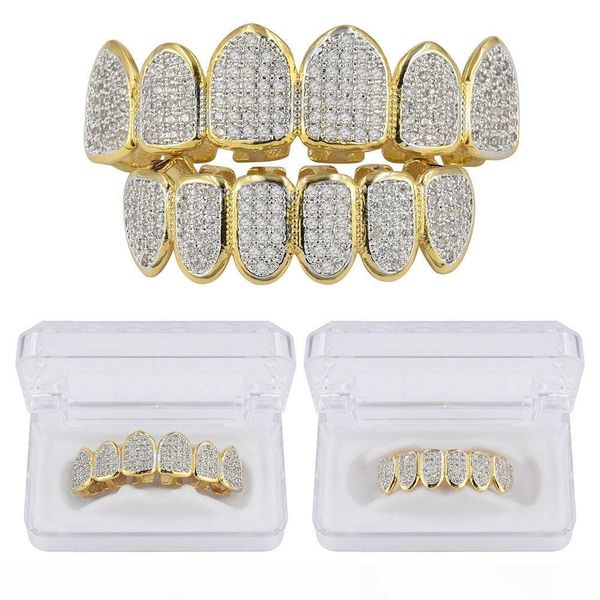 

hip hop классические зубы грили golde цвет гальваническим cz micro pave exclusive luxury topbottom gold grillz set, Black