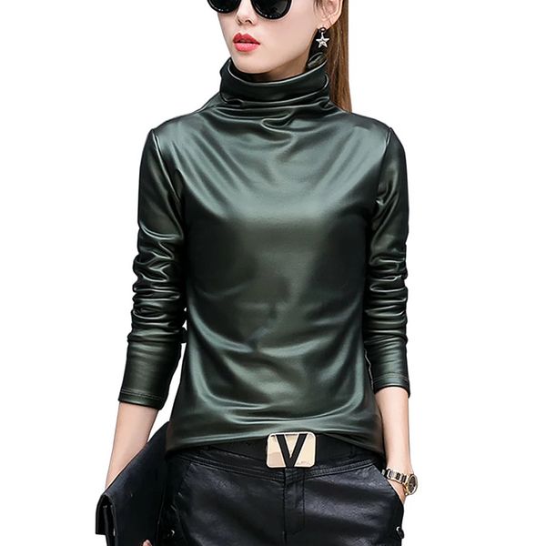 

women's blouses & shirts spring pu leather shirt women turtleneck long sleeve plus size punk blouse ladies chic fashion pullovers fema, White
