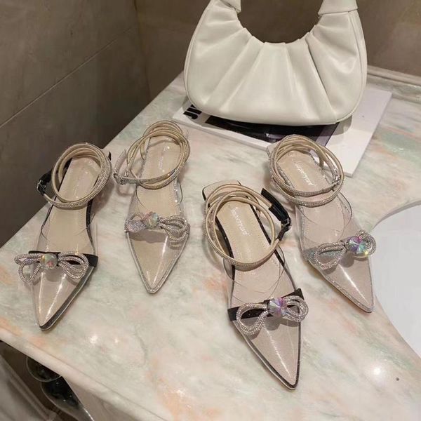 

elegant women sandals pvc jelly shoes pointed tow bow rhinestone sandals thin low heels ankle strap fashion dress shoes, Black