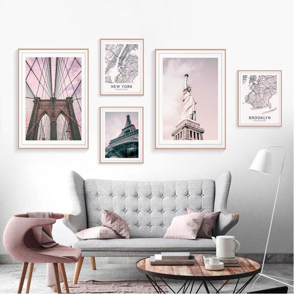 

tower bridge wall art canvas fashion poster pink city landscape print painting nordic map pictures for living room home decor