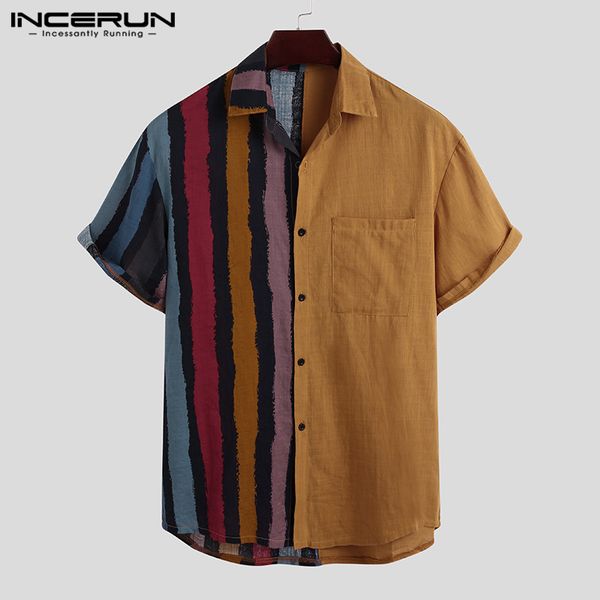 

incerun men cotton shirt striped patchwork short sleeve breathable 2020 button casual hawaiian shirts men summer lapel camisas 7, White;black
