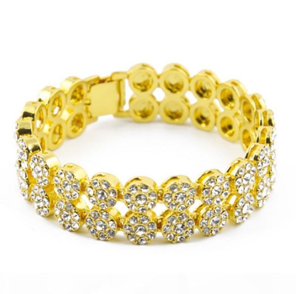

i mens full cz iced out gold plated hip hop bracelet gold 2 row round cz crystal18k yellow gold silver finish bling bling 8inch bracele, Golden;silver