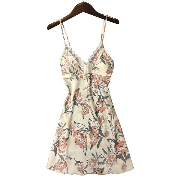 

nightgown with bra women's spring summer new style flower print nightdress backless lace hollow suspender skirt sleepwear, Black;red