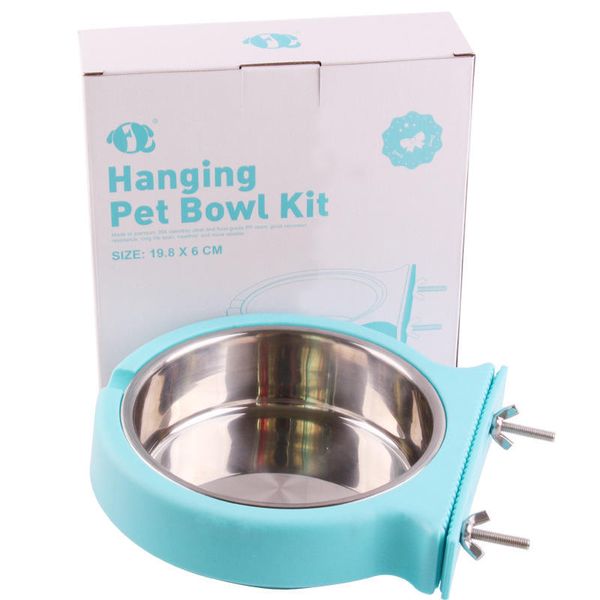 

pets puppy dogs cats feeding food water bowls cage hanging stainless steel utensils plastic feeder