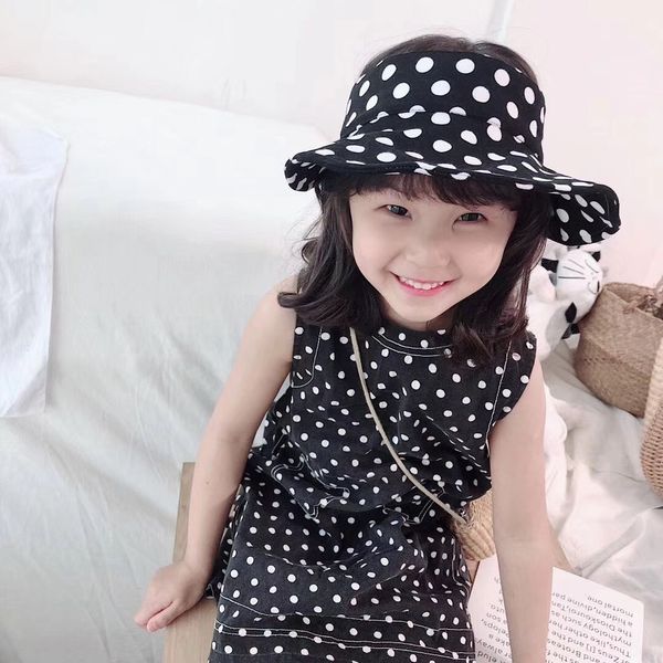 

2019 korean style children's sunscreen empty sun polka dot female female hat parent-child baby's big brim hat ladies, Blue;gray