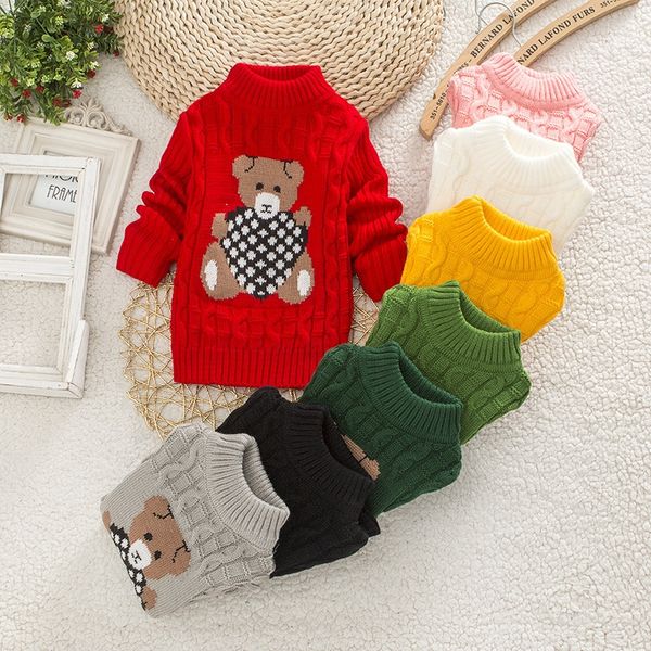 

internet children's knitted middle collar turtleneck korean men's sweater cartoon girls' sweater round collar bear, Blue