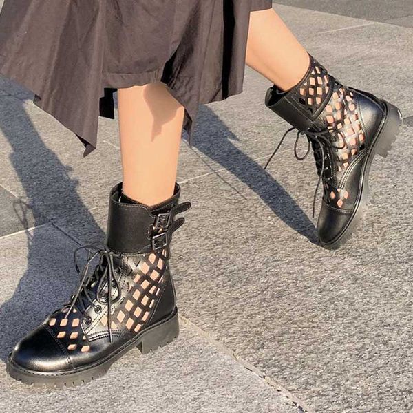 

2020 summer new short boots net women british style thick heel waterproof platform roman shoes hollow breathable boots, Black