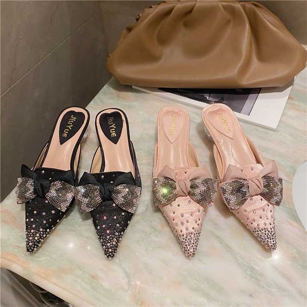 

2020 women slippers rhinestone slides bow design mules shoes clear thick mid heels slippers crystal elegant party dress pumps, Black