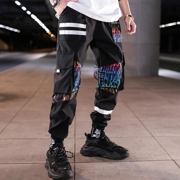 

streetwear hip hop black harem pants men elastic waist punk pants with ribbons casual slim jogger men hip hop trousers