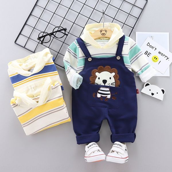 

2020 прилив осень новый стиль ребенок полосатый балахон мультфильм hoodie ремень лев ремень брюки двухсекционный комплект