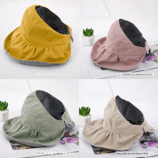 

children's summer parent-child cotton big brim cover face korean children's sun hat style double-sided beach breathable sun hat, Yellow