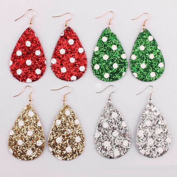 

christmas sequins glitter leather earrings collection for women white dot teardrop faux leather statement earrings holiday jewelry, Silver