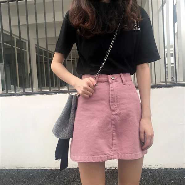 

women summer denim skirts fashion sweet style solid color high waist package hip slim a-line mini basic skirt for student 2020, Black