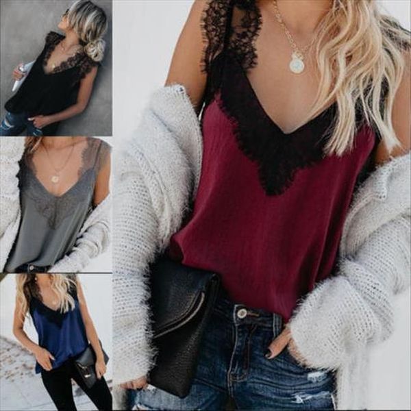 

women v neck casual sleeveless t shirt ladies loose women lace vest tee, White