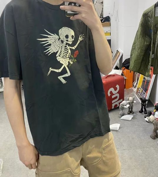

mens designer t shirts high street gallery dept skull rose demon angel loose t-shirt washed retro short sleeve loose women casual clothes, White;black