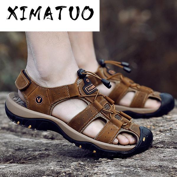 

sandals summer men beach shoes genuine leather outdoor non-slip, Black