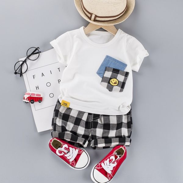 

летняя одежда для детей в корейском стиле модной летней одежды плед улыбающееся лицо брюки костюм карман короткий рукав костюм брюки