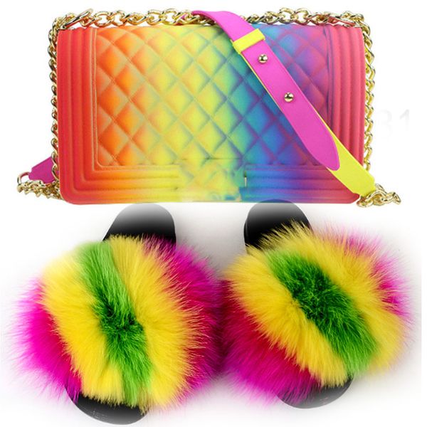 

multi-color custom indoor slipper jelly bag sets flush real soft raccoon fur slipper slider sandals fox fur slides for women, Black