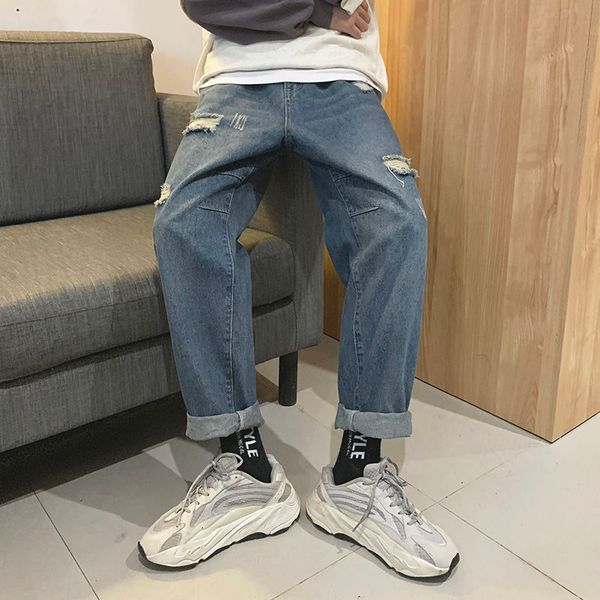 

men's jeans 2021 holes casual pants baggy homme cargo pocket wash blue color haren biker denim trousers plus size -2xl