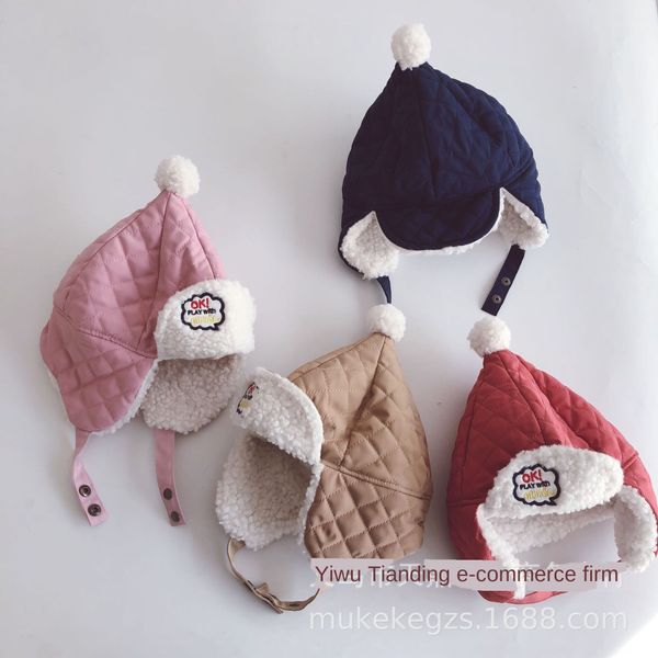 

cute baby plus velvet toding hat warm warm hat lei feng mao lei feng mao children lamb wool embroidered ear cap, Yellow