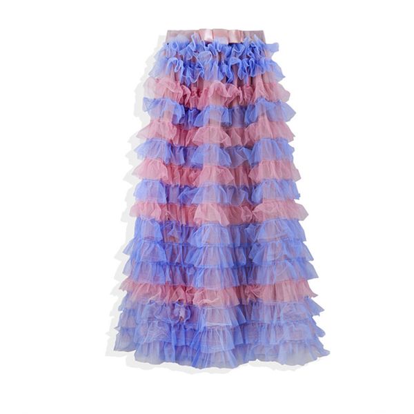 

super fairy gradient pink blue cakee tulle maxi long princess skirt layered tiered fringed a-line ankle long candy mesh skirts, Black