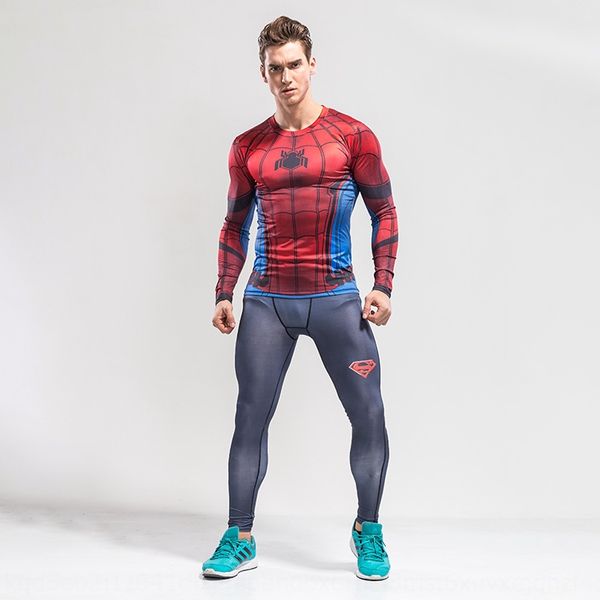 

tov57 autumn new men's printed short-sleeved spider-man fitness clothes sports quick-drying coat stretch suit autumn new men's pri, Black