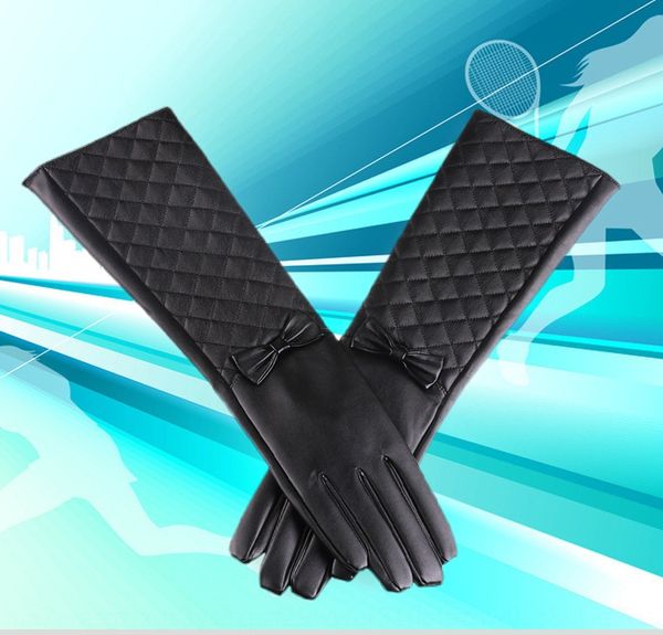 

new women's long leather warm butterfly 40cm imitation leather bow gloves fashion warm performance wedding gloves, Black