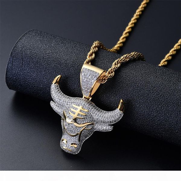 

micro paved cubic zircon bull head pendant necklace two tone plated men iced out hip hop jewelry gift, Silver
