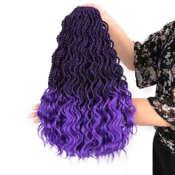 

pre twisted wave senegalese twist half curl crochet braids hair 16inch synthetic hair extensions 35 strands 1 pcs colored ombre purple, Black