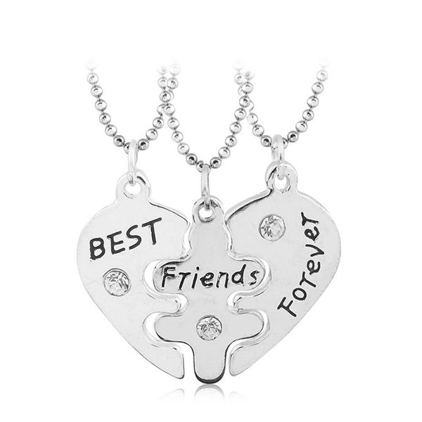 

3 pcs/set broken heart carved friend charm pendants necklaces for girls bff silver color crystal statement necklaces gift