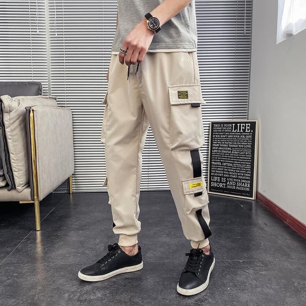 

cargo pant men spring autumn lightweight fashion jogger pant homme drawstring workwear casual trouser drawstring men's pants hot, Black